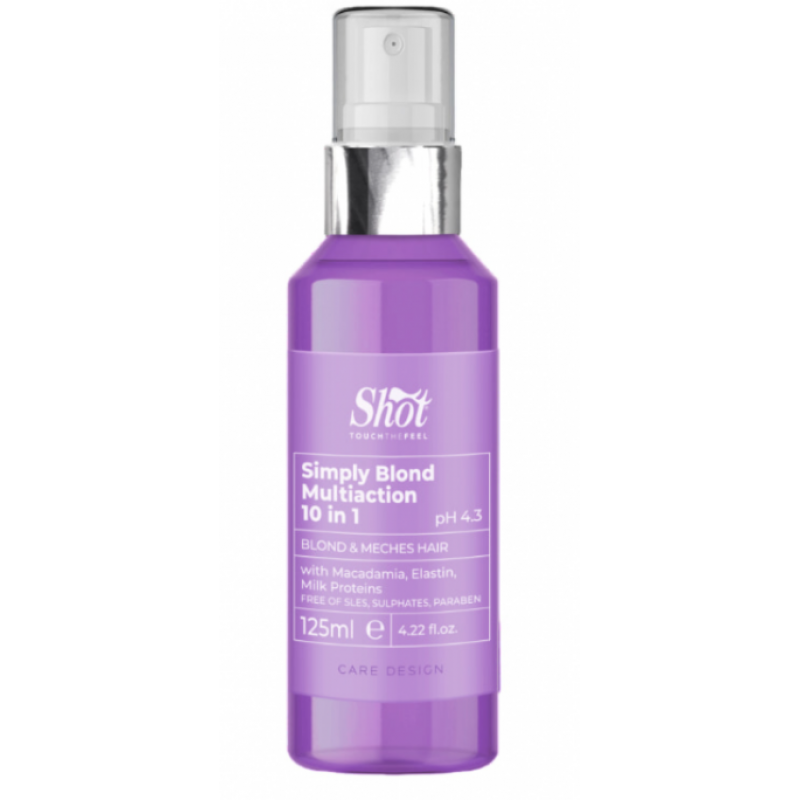 Багатофункціональний еліксир для освітленого та мелірованого волосся 10 в 1 Shot Care Design Simply Blond Multiaction, 125 мл Багатофункціональний еліксир для освітленого та мелірованого волосся 10 в 1 Shot Care Design Simply Blond Multiaction, 125 мл